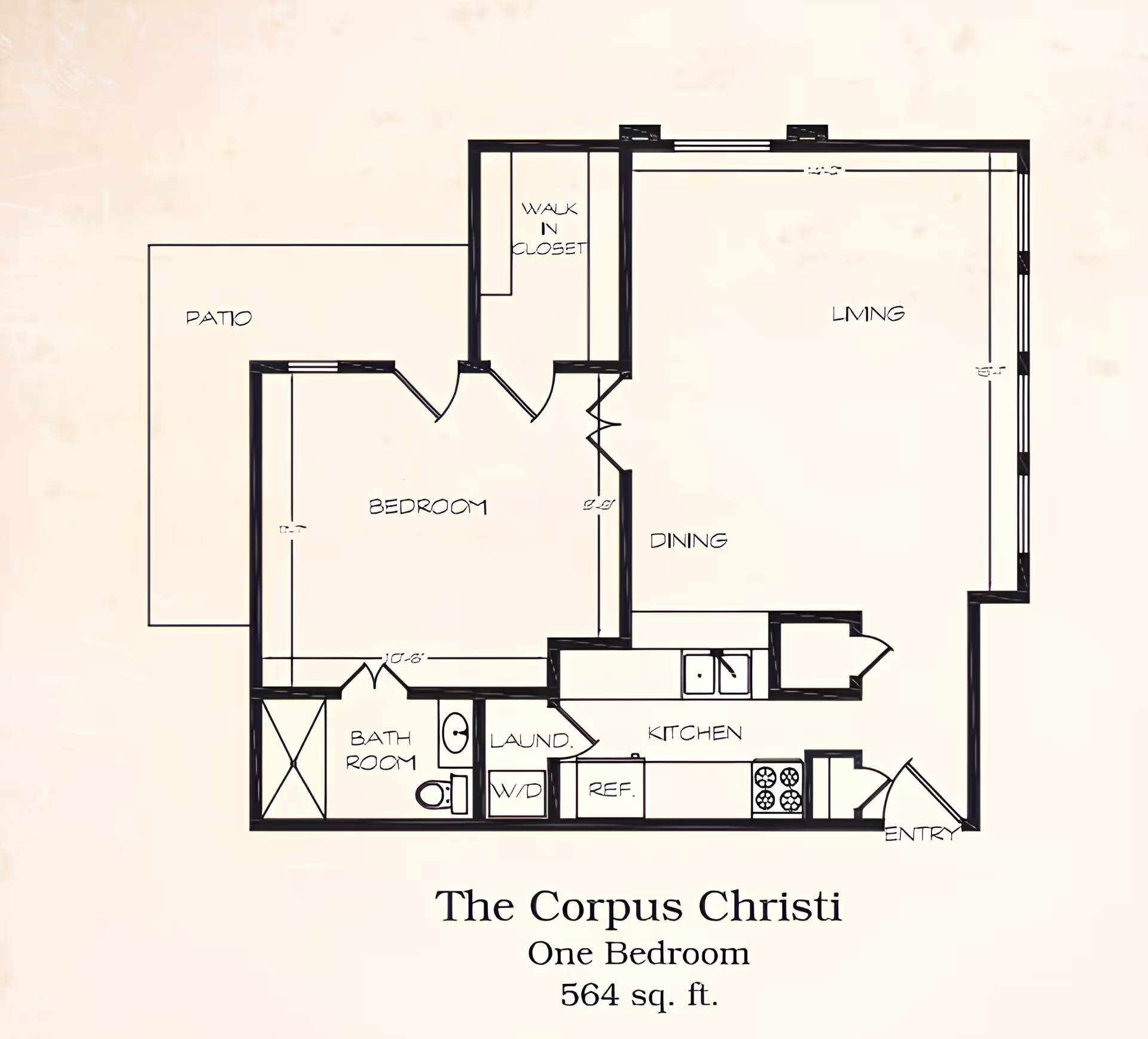 Floor plan of The Corpus Christi one-bedroom apartment at The Continental Retirement Community, showing a layout with a bedroom, walk-in closet, bathroom, laundry area with washer/dryer, kitchen, dining area, living room, entry, and a patio. The total area is 564 square feet.