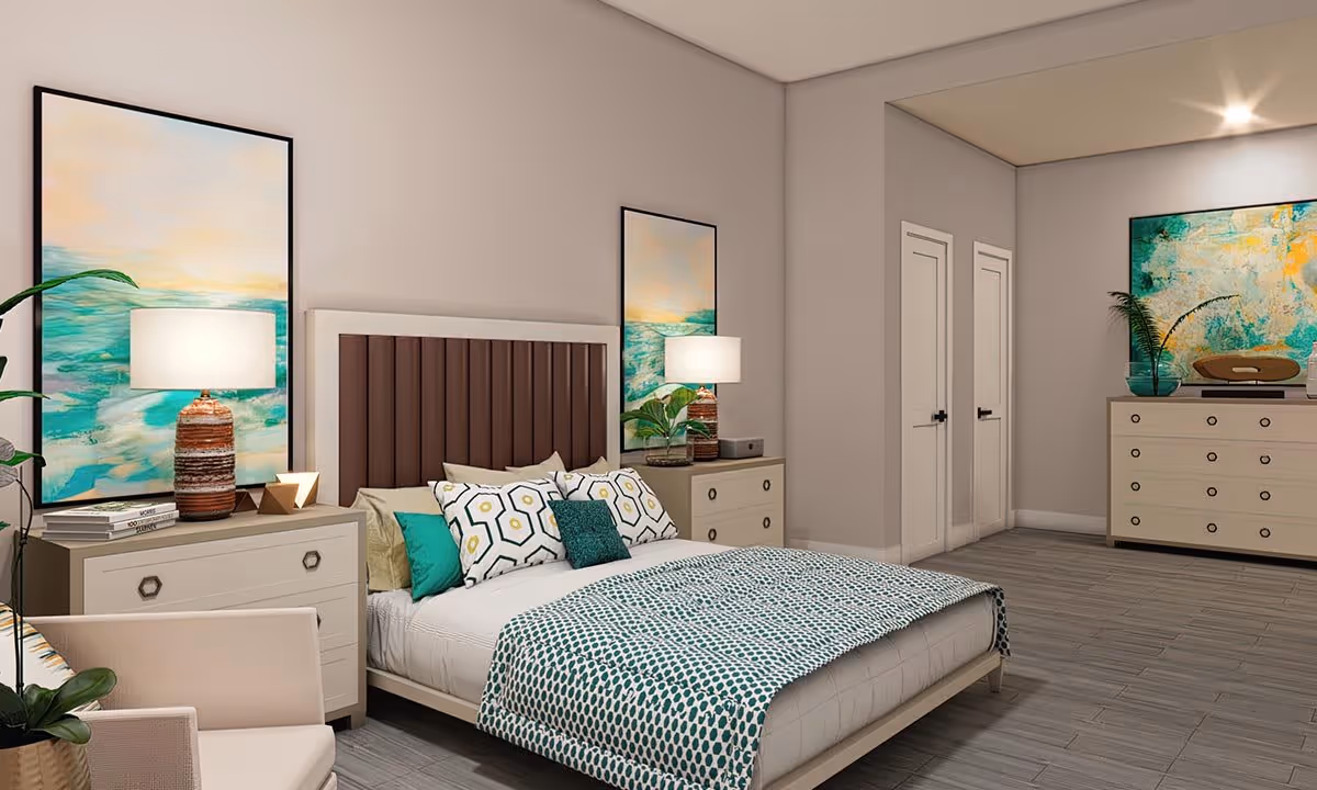 A modern bedroom with a large bed featuring a brown padded headboard, white and patterned pillows, and a teal and white patterned blanket. There are two matching nightstands on either side of the bed, each with a lamp and decorative items. The room has light-colored walls, two large vertical paintings with ocean scenes behind the nightstands, a dresser with a large colorful abstract painting above it, and two closed white doors. A beige armchair and a potted plant are also visible.