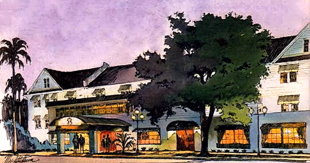 Illustration of the front entrance of a two-story building with awnings, lit windows, and trees at dusk.