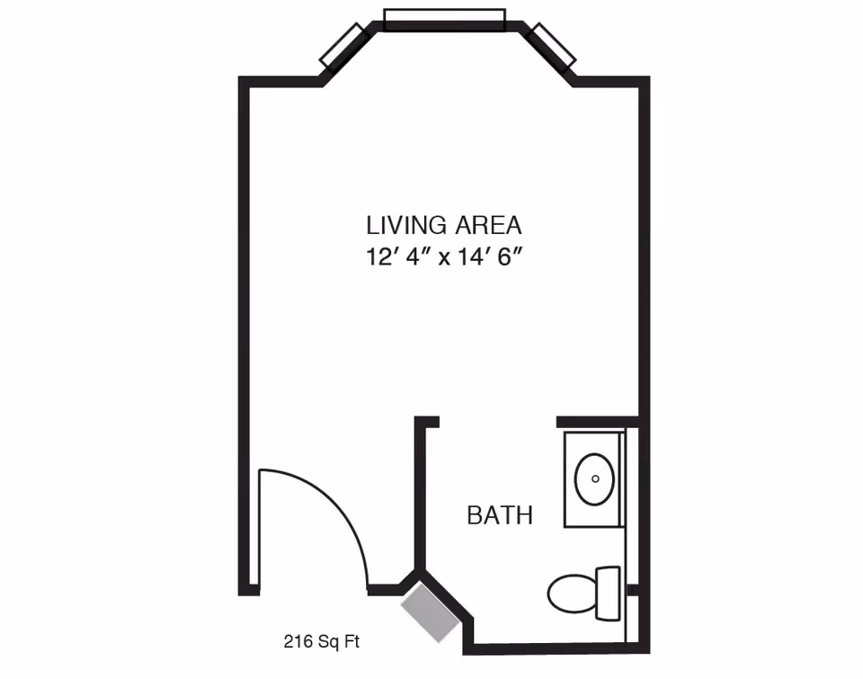 Floor plan of a living area measuring 12 feet 4 inches by 14 feet 6 inches with an attached bathroom including a toilet and sink, totaling 216 square feet.