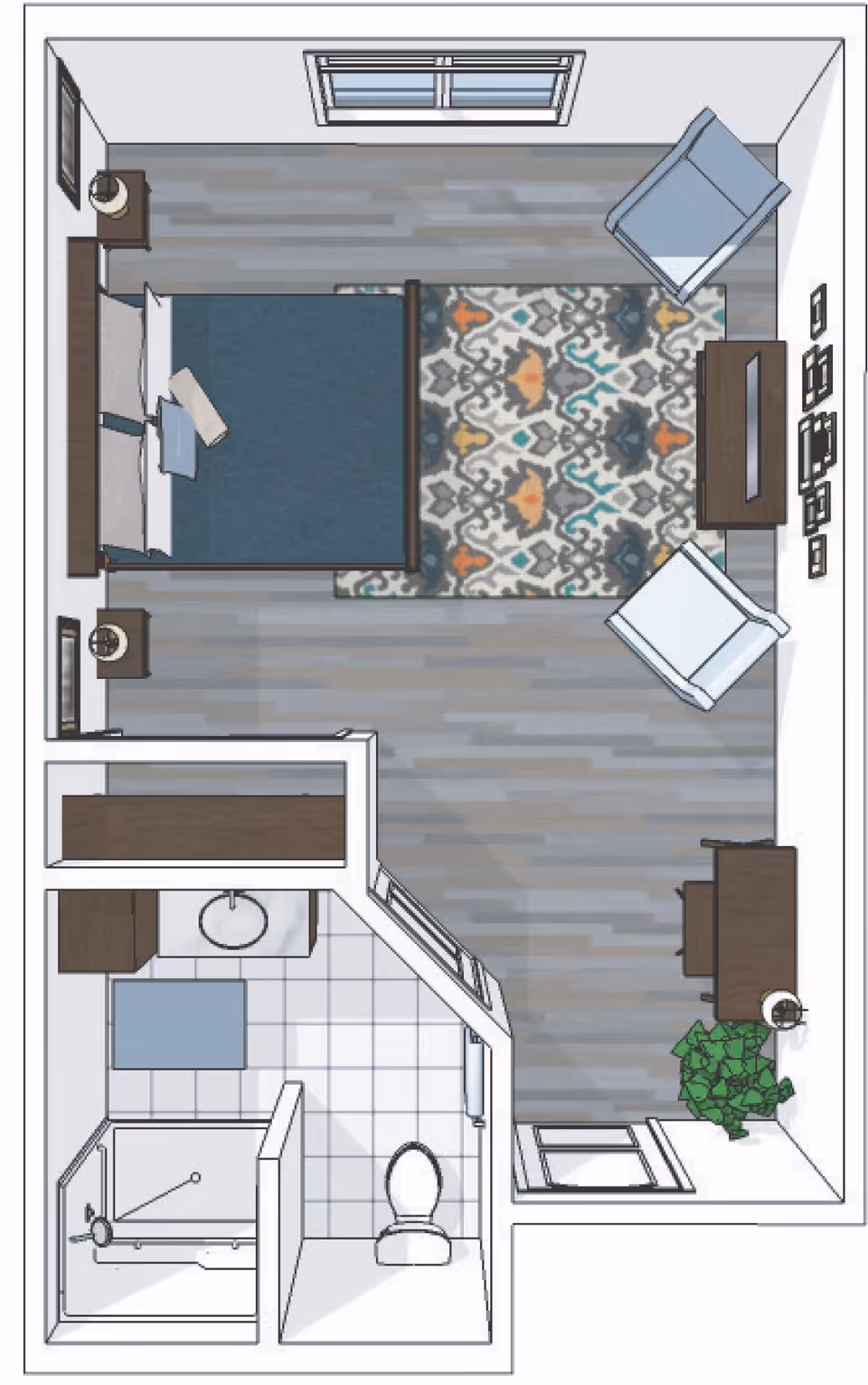 Top-down view of a senior living facility room layout featuring a bedroom area with a bed, two nightstands, a patterned rug, two armchairs, a TV on a stand, a desk with a chair, and a plant. The room also includes an attached bathroom with a shower, toilet, and sink.
