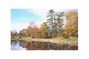 A serene outdoor scene featuring a calm body of water reflecting a stone-lined shore and trees with autumn foliage under a partly cloudy sky.