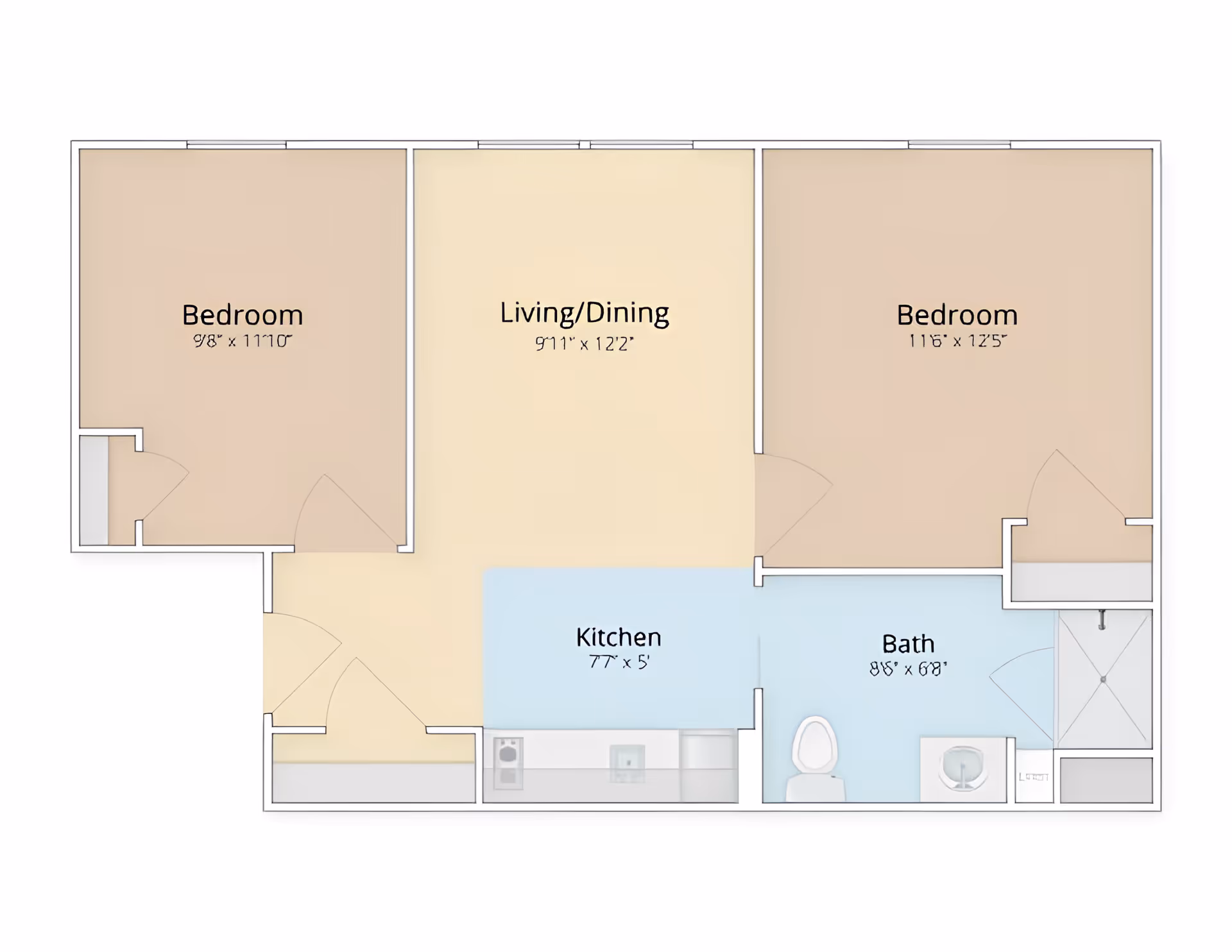 Floor plan of an apartment at Autumn Glen at Dartmouth showing two bedrooms, a combined living and dining area, a kitchen, and a bathroom. The dimensions of each room are labeled.