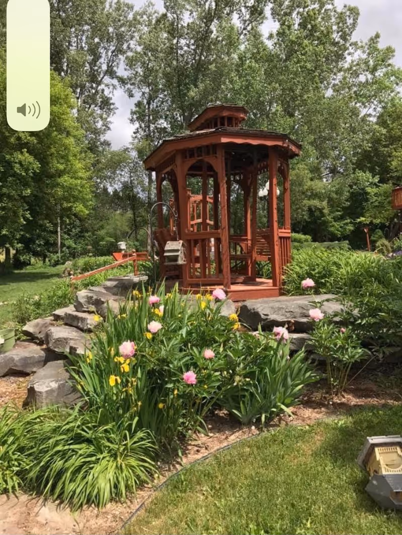 Wooden gazebo in a landscaped garden with flowering plants, rocks, and trees.