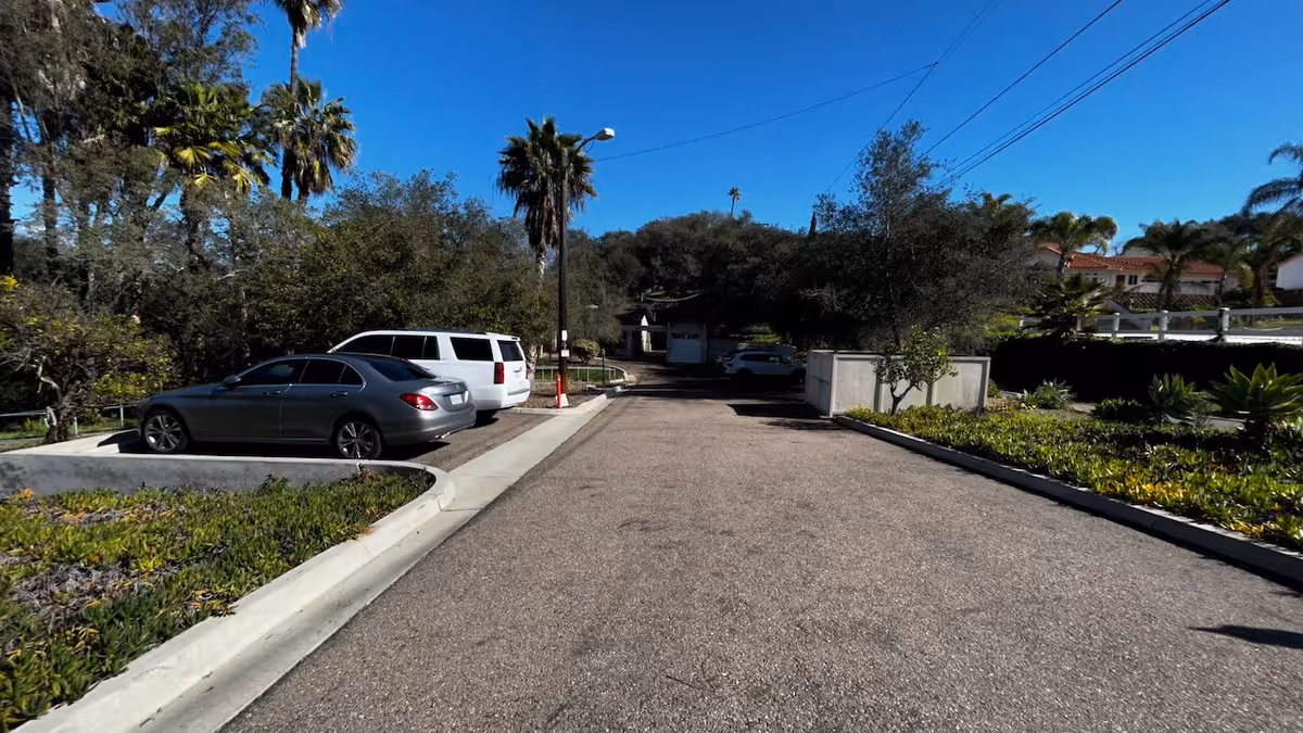 Outdoor parking area with several parked cars, palm trees, and other greenery under a clear blue sky.