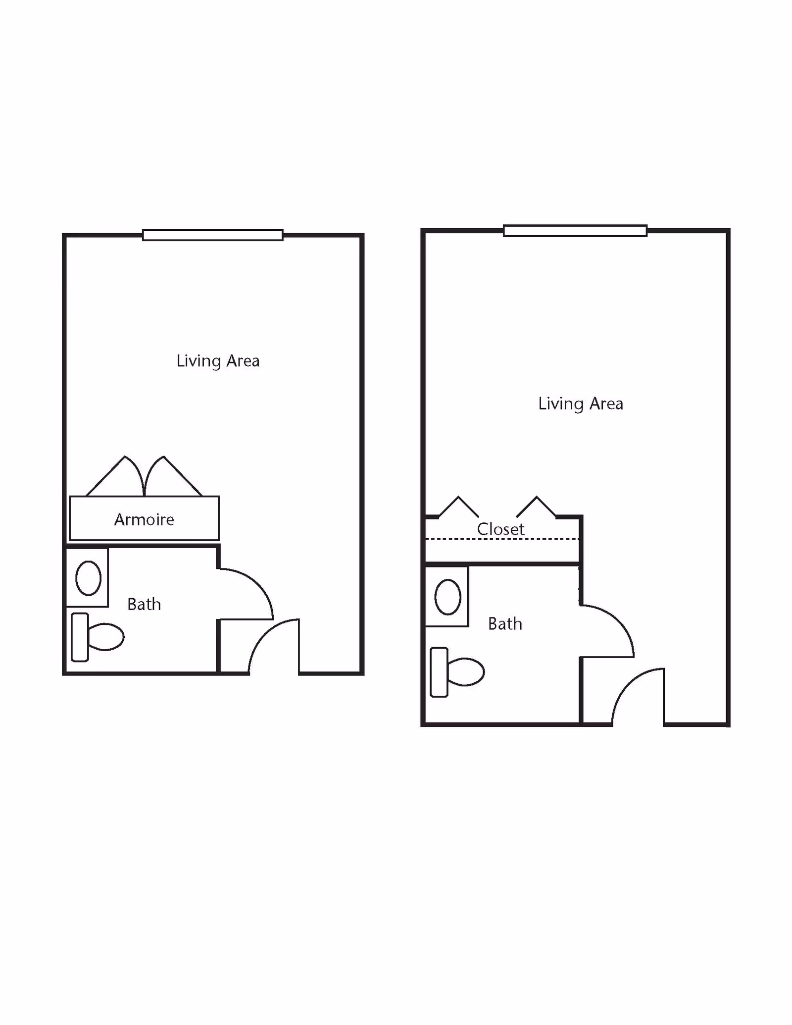 Two side-by-side simple floor plan diagrams of studio units showing living areas, bathrooms, and closets/armoire.