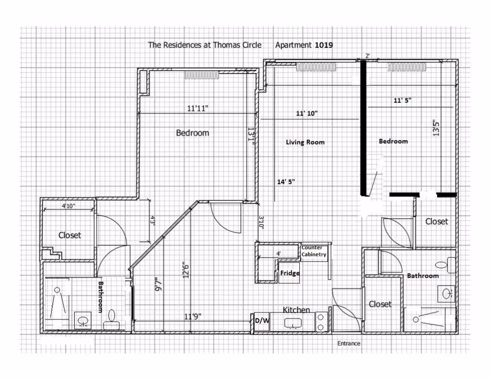 Architectural floor plan of an apartment at The Residences at Thomas Circle, Apartment 1019, showing two bedrooms, two bathrooms, closets, a kitchen with fridge and dishwasher, a living room, and entrance area with detailed room dimensions.
