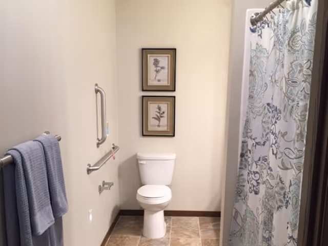 Bathroom with a toilet centered beneath two framed botanical prints, grab bars and a towel rack to the left, and a patterned shower curtain to the right.