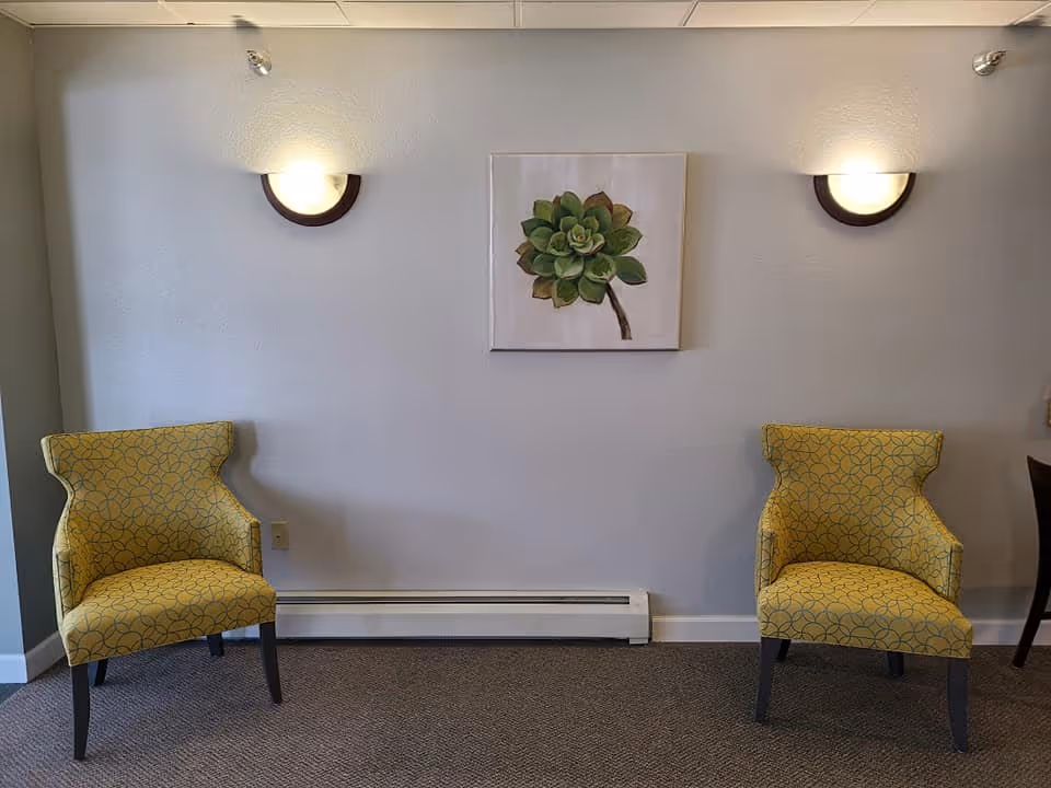 Two yellow patterned armchairs placed against a light gray wall with a painting of a green succulent plant centered between two wall-mounted lights.