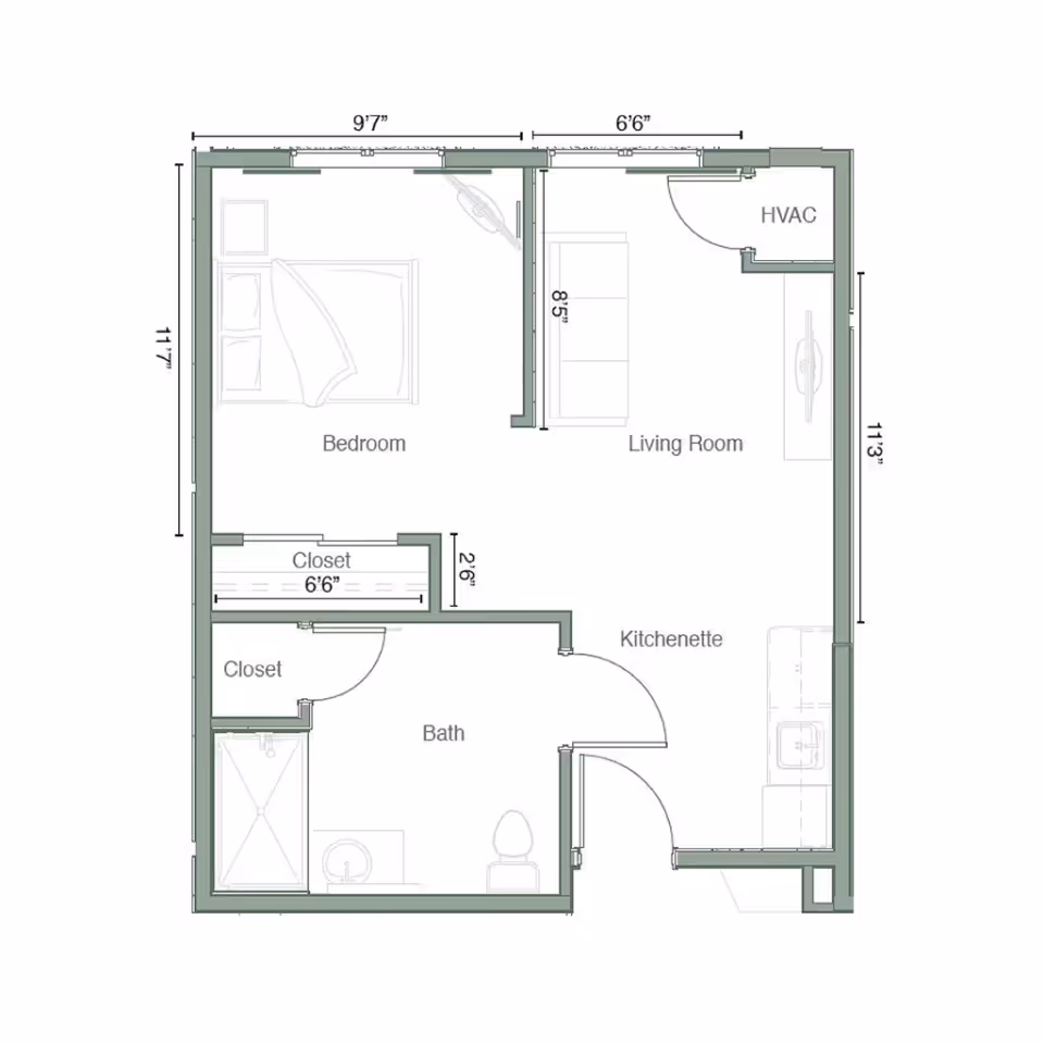 Architectural floor plan of a small apartment unit at Legacy Village of Provo, showing a bedroom with a bed and closet, a living room with a sofa and HVAC closet, a kitchenette with a sink, and a bathroom with a shower, sink, and toilet. Dimensions of each room and closet are marked.