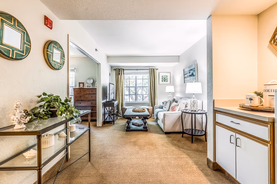 Bright furnished living room and entry hallway with a sofa, coffee table, TV, decorative shelving and a kitchen countertop visible.