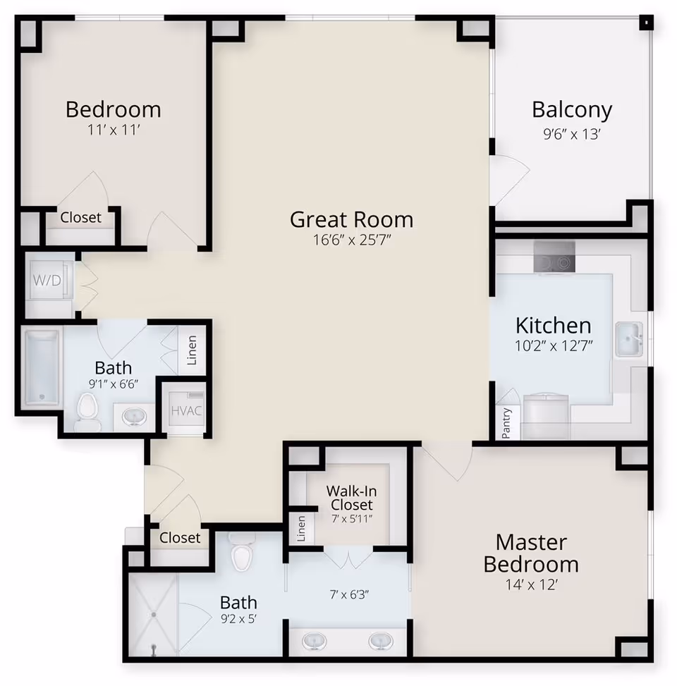 Floor plan of a residential unit showing a great room, kitchen, balcony, master bedroom with walk-in closet and bath, a second bedroom with closet, a second bath, linen closets, HVAC, and washer/dryer area.