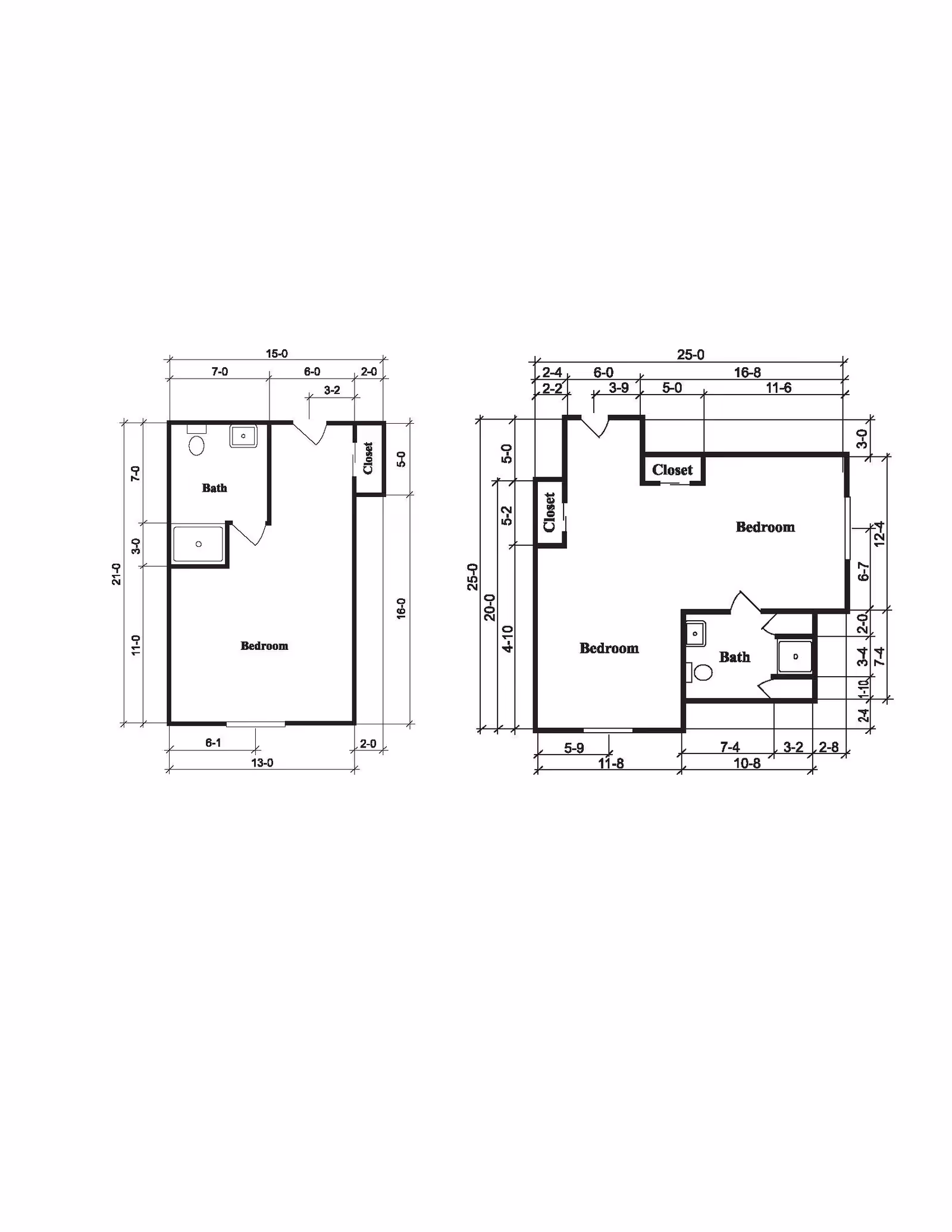 Architectural floor plan showing two layouts with bedrooms, bathrooms, and closets. The left layout includes one bedroom, one bathroom, and a closet. The right layout includes two bedrooms, one bathroom, and two closets, with detailed measurements for each room and wall.