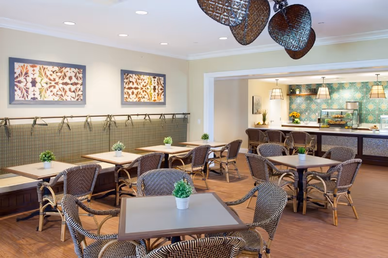 Bright communal dining room with wicker chairs and square tables topped with small potted plants and a serving counter in the back.