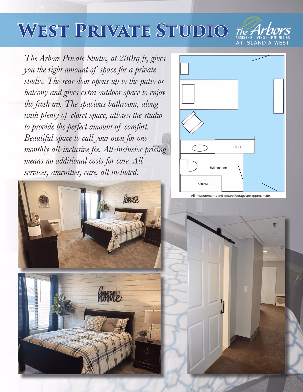 A brochure page for The Arbors Assisted Living Communities at Islandia West showing the West Private Studio layout and photos. The layout diagram shows a studio with a bed, closet, bathroom with shower, and a door leading to a patio or balcony. There are two photos of a bedroom with a bed, nightstands, a dresser, and decor including a 'Home Sweet Home' sign on the wall. Another photo shows a hallway with a white sliding barn door and carpeted floor.
