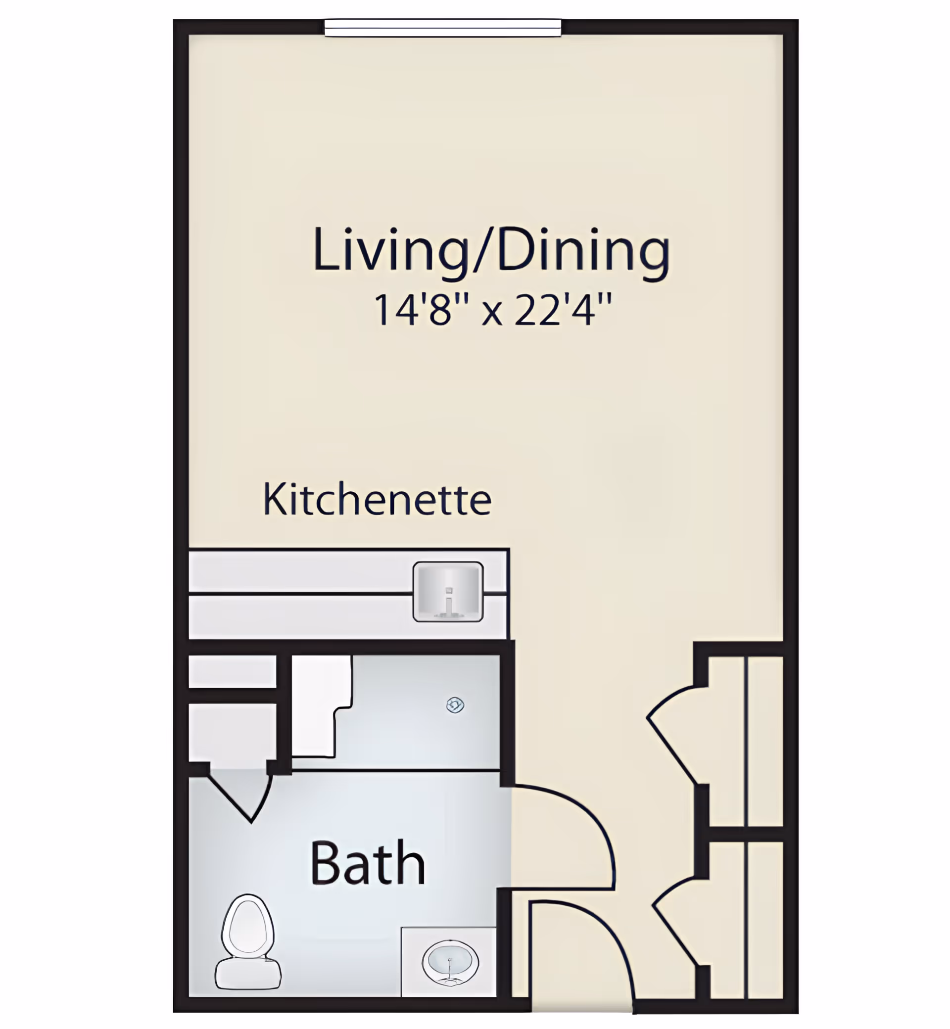 Floor plan of a senior living unit showing a combined living and dining area measuring 14 feet 8 inches by 22 feet 4 inches, a kitchenette along one wall, and a bathroom with a toilet and sink. The entrance door opens into a small hallway with closets on the right side.