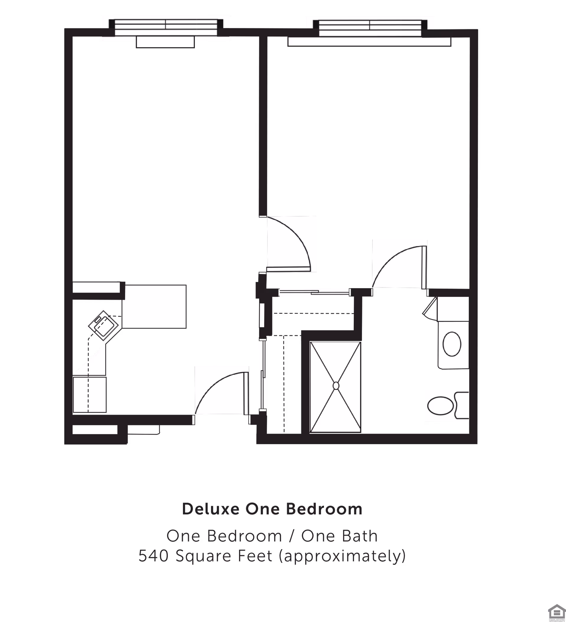 Floor plan layout of a deluxe one bedroom, one bath apartment approximately 540 square feet, showing a bedroom, bathroom, kitchen, and living area with doors and windows.