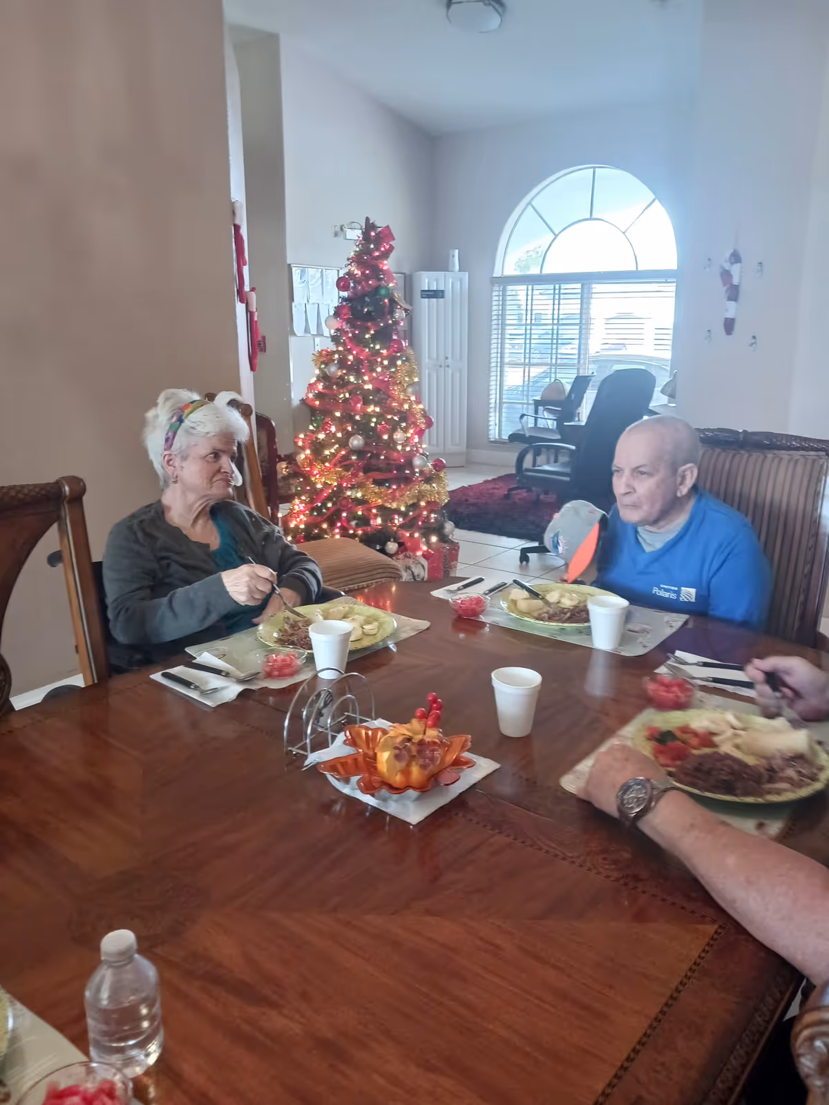 Three elderly individuals sitting around a wooden dining table eating a meal. In the background, there is a decorated Christmas tree with lights and ornaments. The room has a large arched window letting in natural light and some office chairs visible in an adjacent area.