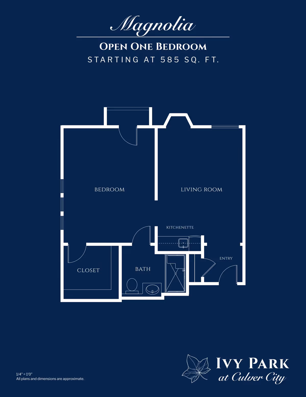 Floor plan of Magnolia open one-bedroom apartment at Ivy Park at Culver City, showing a bedroom with closet, bathroom, kitchenette, living room, and entry area, with a total area starting at 585 square feet.