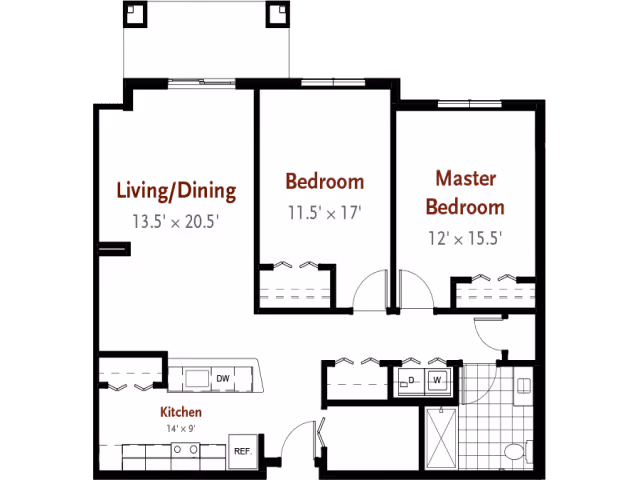 Floor plan of a residential unit at Glenmont Abbey Village showing a living/dining area, a bedroom, a master bedroom, a kitchen, and a bathroom with labeled dimensions.