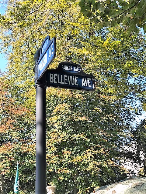 A street signpost showing the intersection of Parker Ave and Bellevue Ave with green leafy trees in the background under a clear sky.