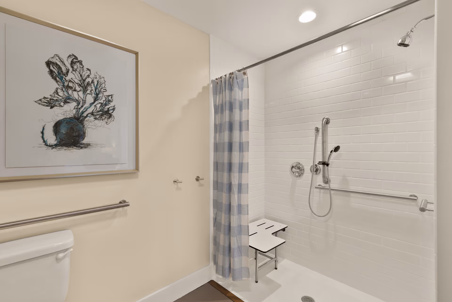 A bathroom with a white toilet, a wall-mounted grab bar, and a walk-in shower with white subway tiles. The shower has a handheld showerhead, a wall-mounted grab bar, and a white foldable shower seat. A blue and white checkered shower curtain is partially drawn. There is a framed artwork of a plant on the wall above the toilet.