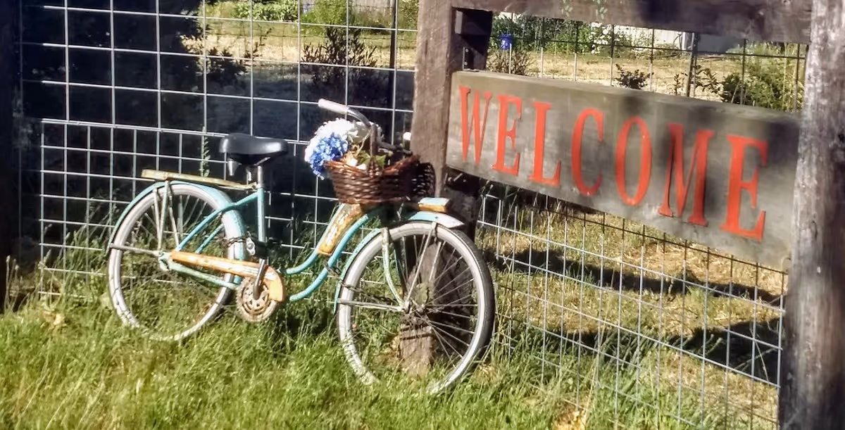 A vintage turquoise bicycle with a basket of flowers is leaning against a wire fence. Next to the bicycle, there is a wooden sign attached to the fence with the word 'WELCOME' painted in red letters. The scene is outdoors with grass and some plants visible.
