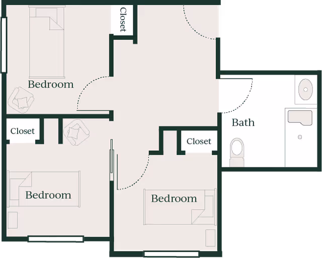 Floor plan showing three bedrooms with closets, a central hallway, and one bathroom.