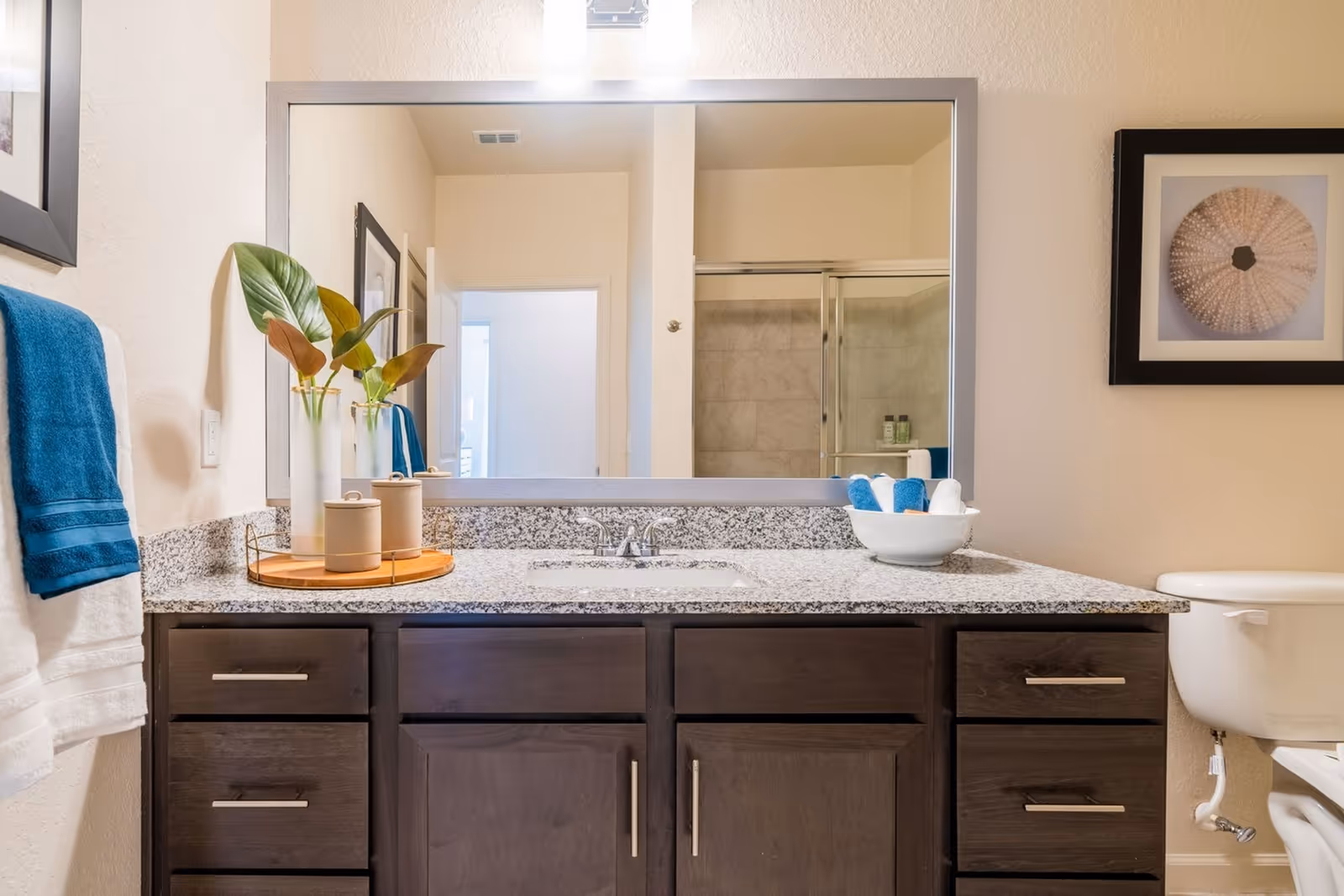 Bathroom vanity with granite countertop, large mirror, dark wood cabinets, decorative towels and a plant, with a shower and toilet visible in the reflection.