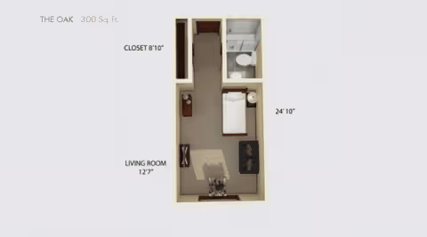 Floor plan layout of a senior living unit named The Oak, measuring 300 square feet, featuring a living room area measuring 12'7", a closet measuring 8'10", a bathroom, and a sleeping area with a bed.