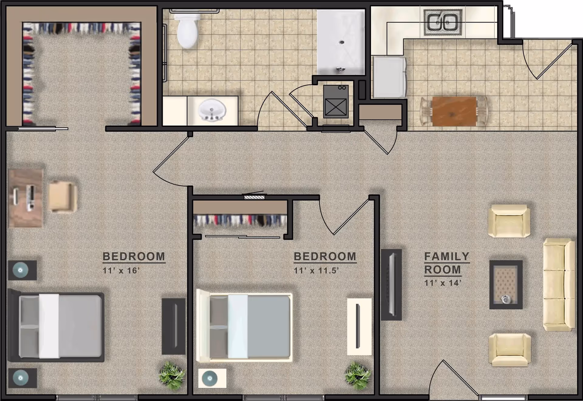 Floor plan of a residential unit showing two bedrooms, a family room, a kitchen with dining area, and a bathroom. The larger bedroom measures 11 by 16 feet and the smaller bedroom measures 11 by 11.5 feet. The family room measures 11 by 14 feet. The kitchen includes a sink and a dining table with chairs. The bathroom has a toilet, sink, and bathtub.