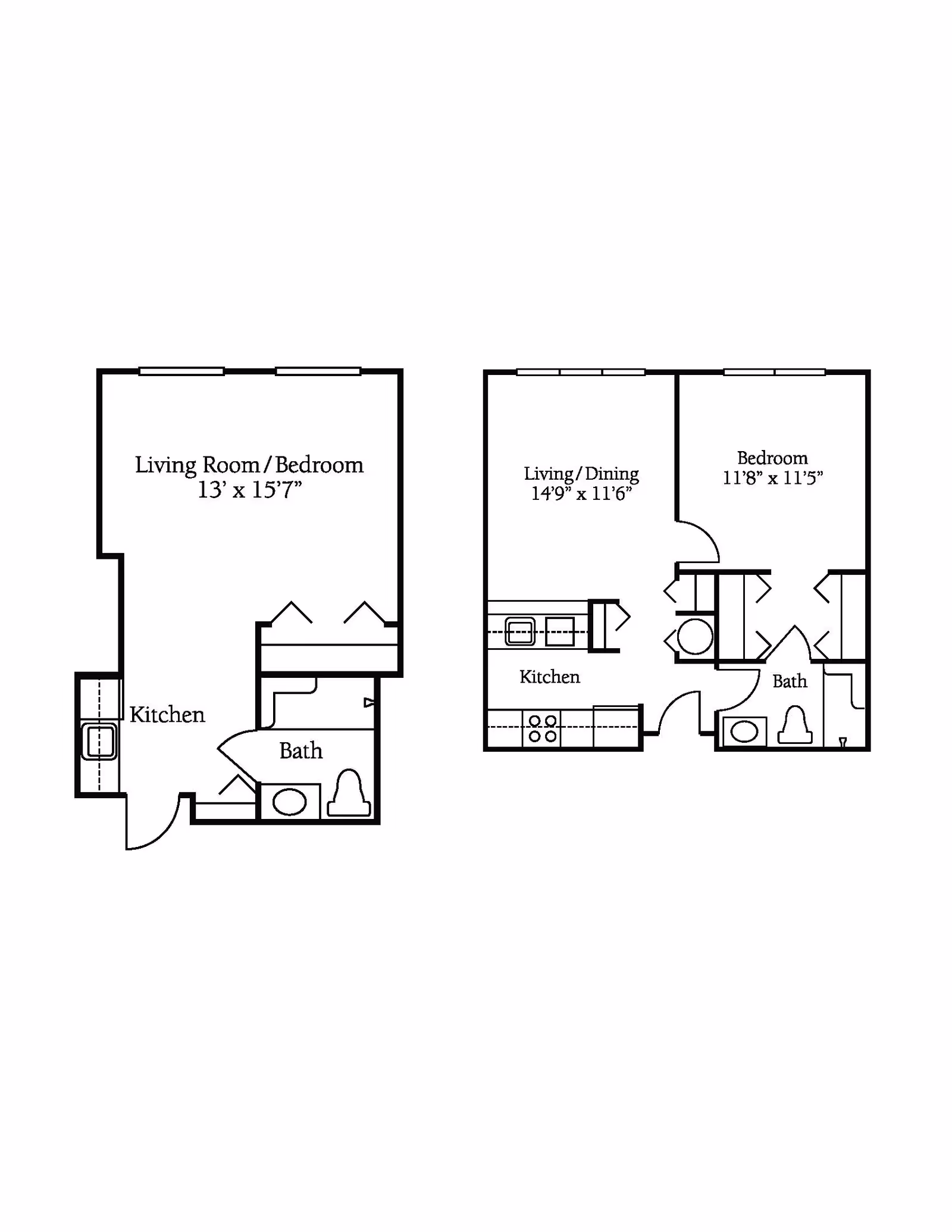 Two black and white architectural floor plans side by side. The left plan shows a layout with a combined living room/bedroom measuring 13 feet by 15 feet 7 inches, a kitchen, and a bathroom. The right plan shows a layout with a living/dining area measuring 14 feet 9 inches by 11 feet 6 inches, a bedroom measuring 11 feet 8 inches by 11 feet 5 inches, a kitchen, and a bathroom.