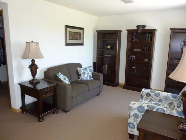 A cozy living room with a brown loveseat adorned with two patterned pillows, a floral-patterned armchair, two dark wooden bookshelves with decorative items, a wooden side table with a lamp, and a framed picture on the wall.