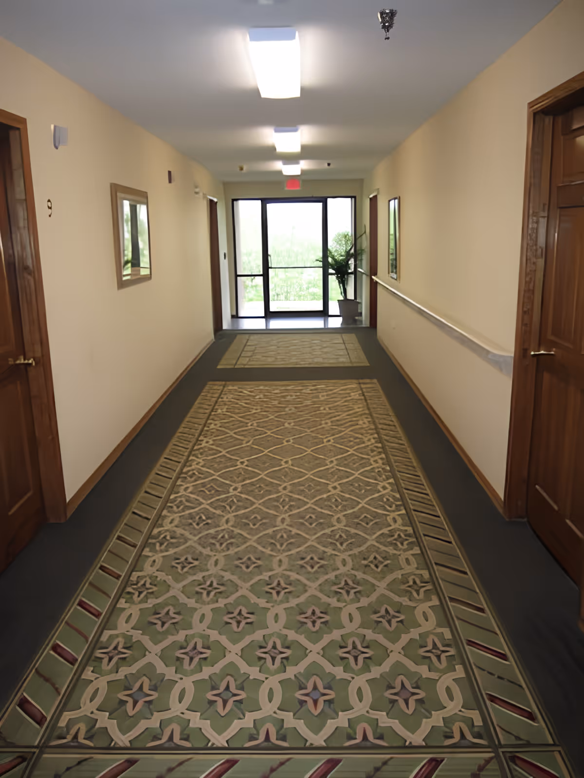 Long carpeted hallway with patterned runner, doors on both sides, handrail, and glass exit doors with a potted plant at the end.