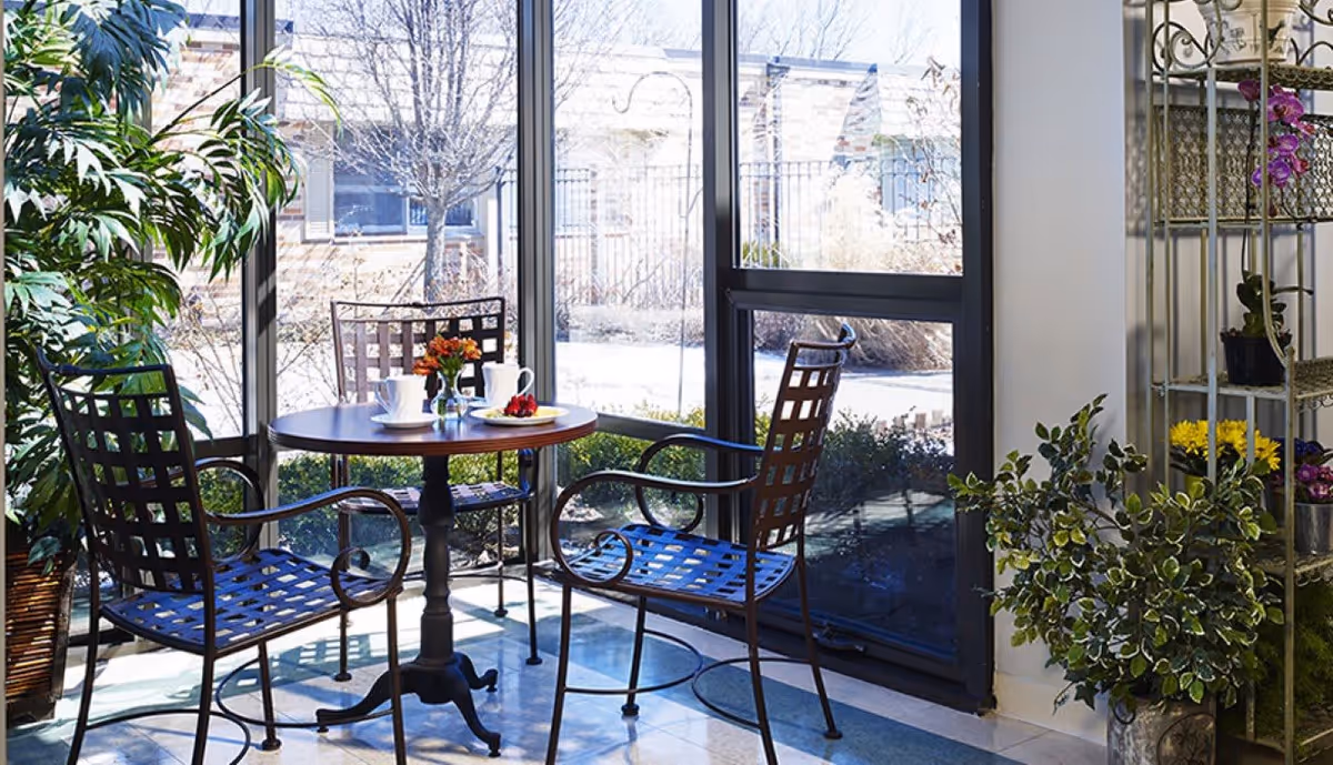 A small round table with two metal chairs with blue cushions is set near large windows. On the table are two white cups, a small vase with orange flowers, and a plate with food. The area is decorated with green plants and a metal shelving unit with potted flowers, and outside the windows, leafless trees and bushes are visible.