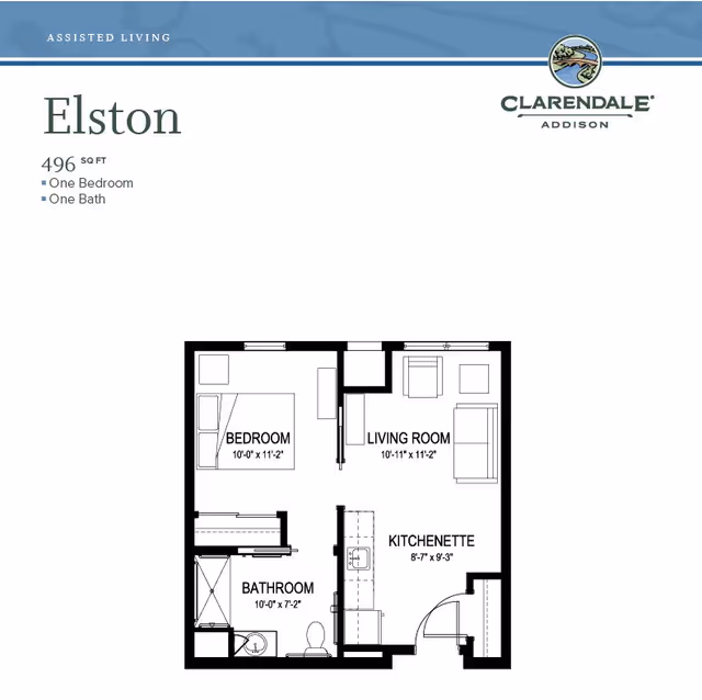 Floor plan of the Elston assisted living unit at Clarendale of Addison, showing a 496 square foot layout with one bedroom, one bathroom, a living room, and a kitchenette. Dimensions for each room are included.