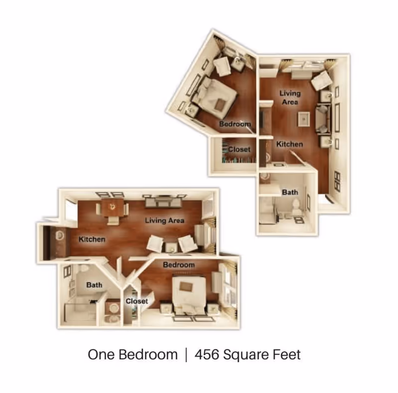 Floor plan layout of a one-bedroom apartment with 456 square feet, showing labeled areas including bedroom, closet, bath, kitchen, and living area.