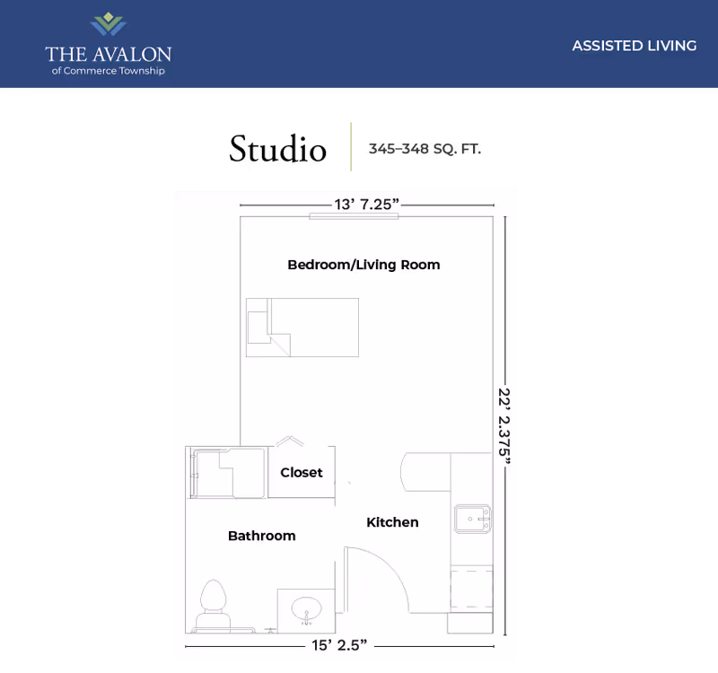 Floor plan of a small assisted living unit at The Avalon of Commerce Township showing a combined bedroom and living room area, a kitchen, a bathroom, and a closet. Dimensions and layout details are included.
