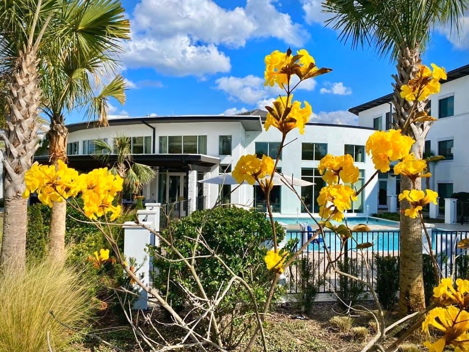 Yellow flowering shrubs and palm trees in front of a modern senior living building with a pool under a blue sky.