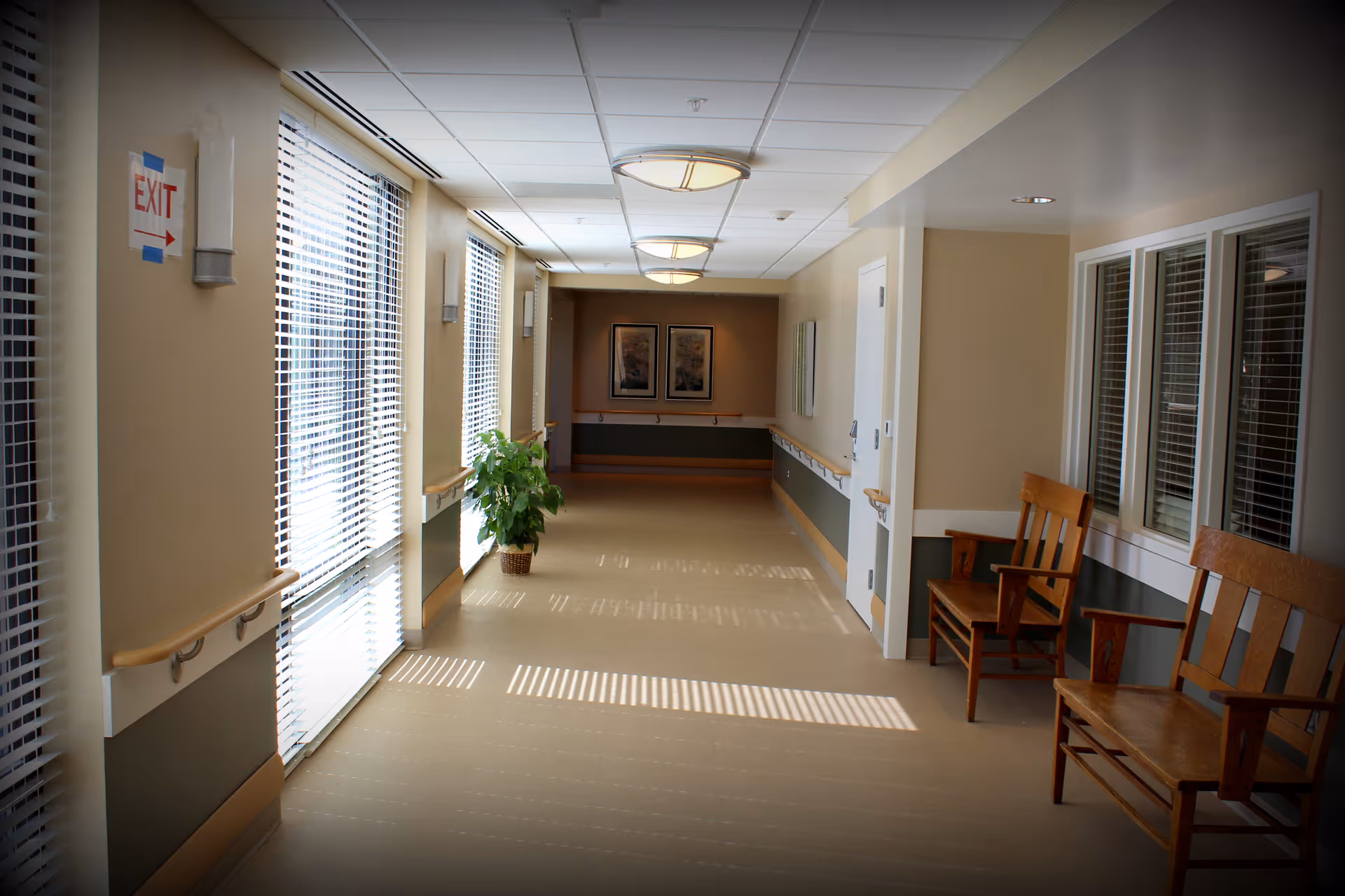 A well-lit hallway in a senior living facility with large windows on the left side covered by blinds, wooden handrails along the walls, a potted plant near the windows, and wooden chairs on the right side. The hallway has beige walls, ceiling lights, and framed artwork at the far end.