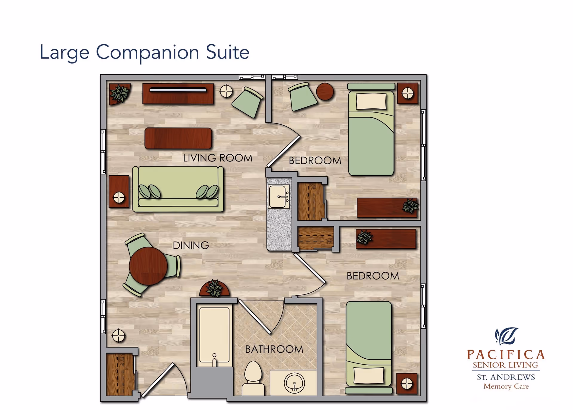 Floor plan of a large companion suite at St. Andrews Memory Care showing two bedrooms, a living room, dining area, and a bathroom. The living room has a sofa, coffee table, and chairs. Each bedroom contains a bed, nightstand, and dresser. The bathroom includes a bathtub, toilet, and sink. The dining area has a round table with four chairs. The layout is labeled with room names and includes wood flooring and tiled bathroom floor.