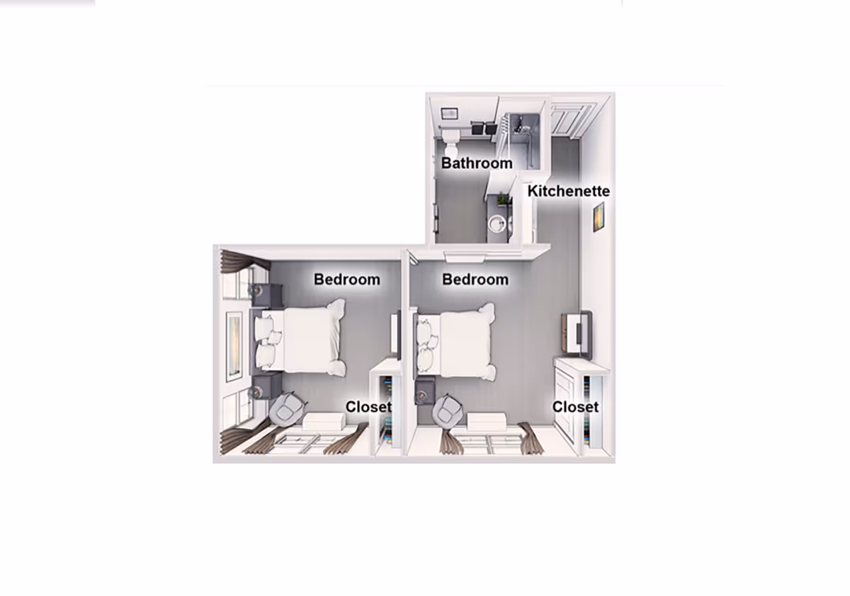 3D floor plan of a senior living unit showing two bedrooms each with a bed, chair, nightstand, and closet. The unit also includes a bathroom with a toilet and shower, and a kitchenette area.