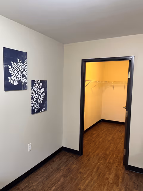 Interior view of a room with light beige walls and dark wood flooring. Two blue and white leaf-patterned paintings hang on the left wall. A doorway with a black frame leads to a walk-in closet with wire shelving and the same flooring.