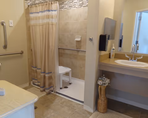 Bathroom with a walk-in shower featuring beige tiles and a shower chair. The shower has a beige curtain with blue and white stripes. There are grab bars on the walls for support. To the right, there is a sink with a countertop, a mirror, a soap dispenser, and a bottle of lotion. A wicker vase with artificial flowers is placed under the sink.