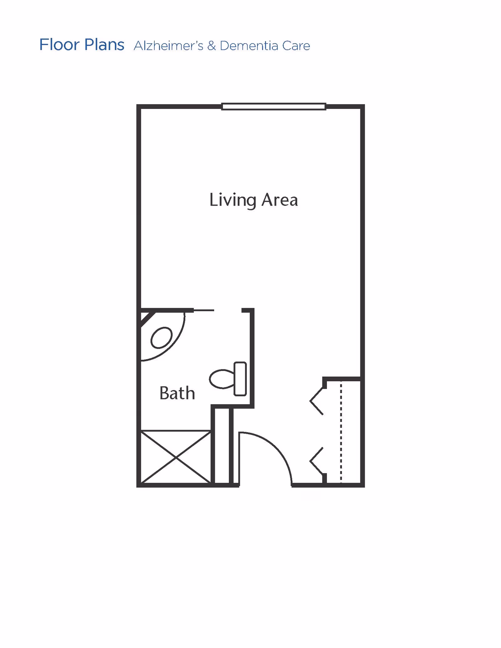 Floor plan layout for Alzheimer's and Dementia Care showing a living area and a bathroom with a toilet and shower.
