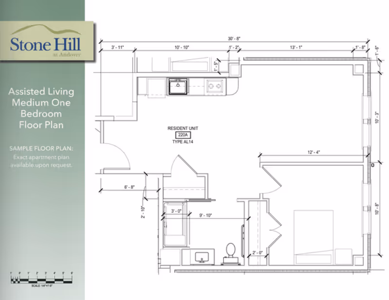 Floor plan drawing of an assisted living medium one-bedroom apartment labeled Stone Hill at Andover.