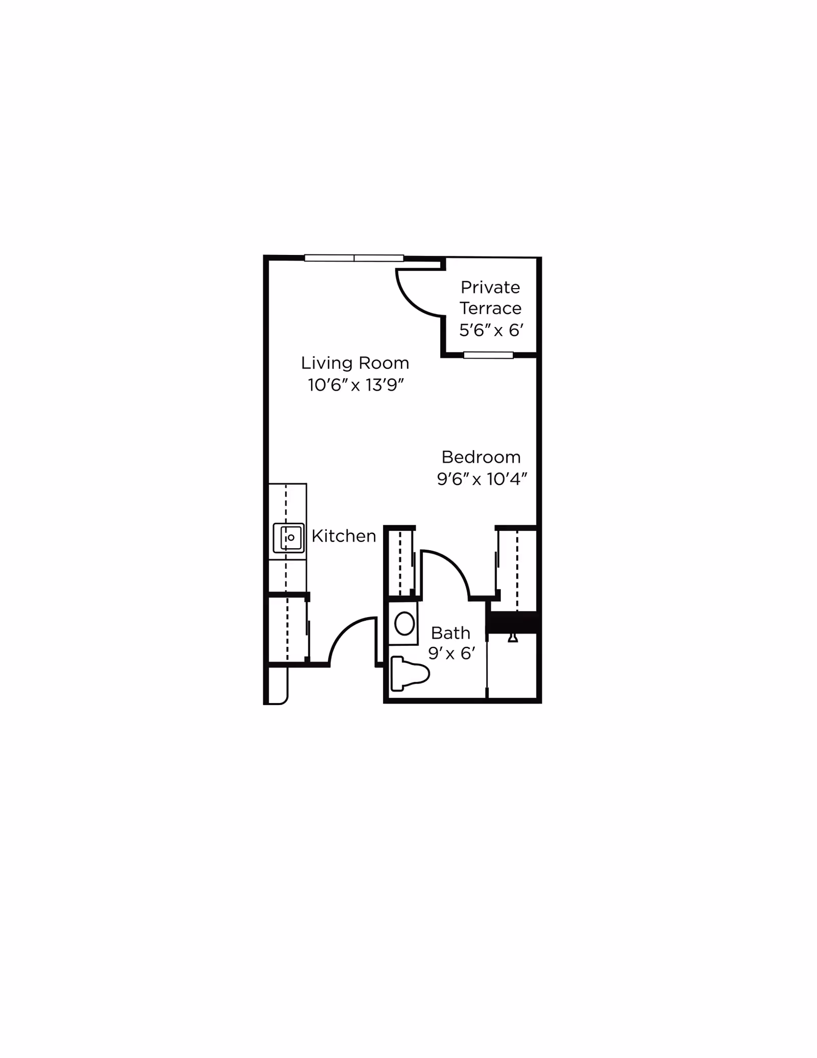 Floor plan of a living space at Brookdale Canyon Lakes showing a living room, kitchen, bedroom, bathroom, and a private terrace with dimensions.