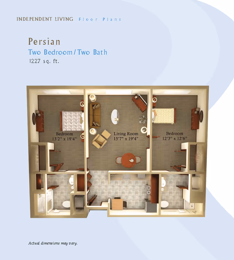 Floor plan of the Persian model at Rio Terra Senior Living showing a two-bedroom, two-bath apartment with a total area of 1227 square feet. The layout includes two bedrooms, a living room, kitchen, and two bathrooms. Dimensions for the bedrooms and living room are provided.