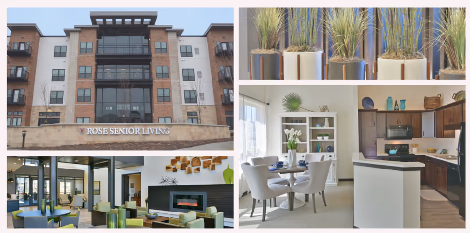 Collage showing the Rose Senior Living Carmel building exterior alongside interior common areas including a lobby, dining area, kitchen, and decorative plants.