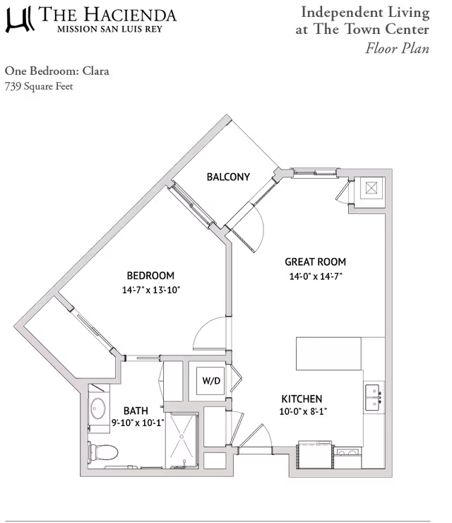 Floor plan of a one-bedroom apartment named Clara with 739 square feet, showing dimensions and layout including a bedroom, bathroom, kitchen, living area, and washer/dryer space.